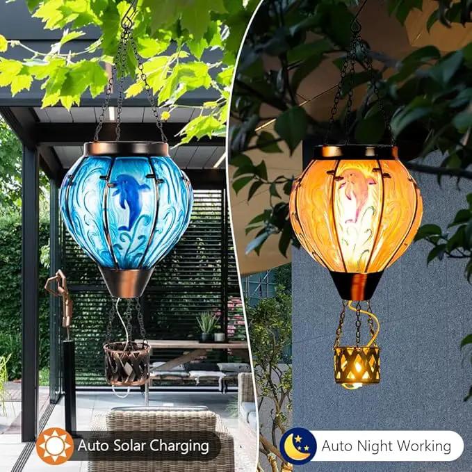 Blue Dolphin Hot Air Balloon Solar Lantern with Flame Flickering Light LED Glass Hanging Solar Lanterns Outdoor Waterproof Hot Air Balloon Decor for Patio Yard Garden Mother Day Gift for Women by GreenHaven Gardens