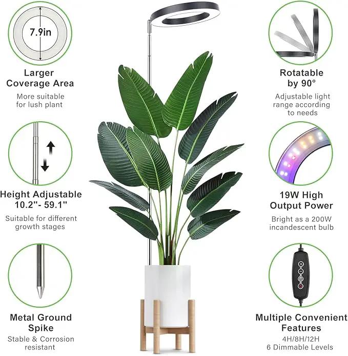 LORDEM Grow Light for Indoor Plants, 7.9" Full Spectrum LED Plant Grow Light, Height Adjustable Growing Lamp with Auto Timer 4H/8H/12H, 6 Dimmable Levels, Ideal for Large Tall Plants, 2 Packs, Black