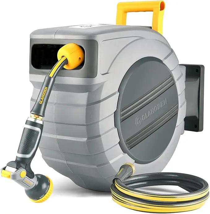 Retractable Garden Hose Reel 5/8 in x 65 ft, 2025 Upgraded Dual Ratchet Lock UV & Freeze Protection Brass Seal Slow Retraction Anti-Tangle Hose 180°Swivel Reinforced Scaffold Wall Mount by GreenHaven Gardens