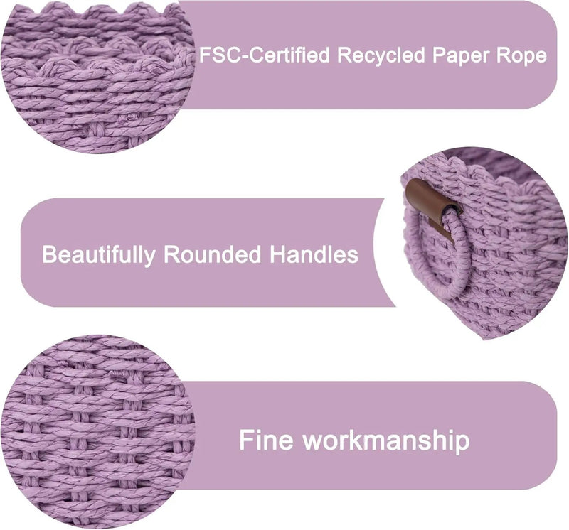 Small baskets for Organizing,Cute woven Storage basket with recycled paper rope for Shelves Bathroom,Little decorative basket,Set of 3 (Purple) by GreenHaven Gardens