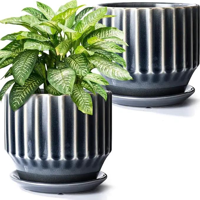 AISBUGUR Plant Pots 6 inch Ceramic Pots for Indoor Plants Set of 2 Flower Pots Unique Crackle Glaze Design Plant Pots with Drainage Hole and Saucer Come with Drainage Nets (Grey) by GreenHaven Gardens