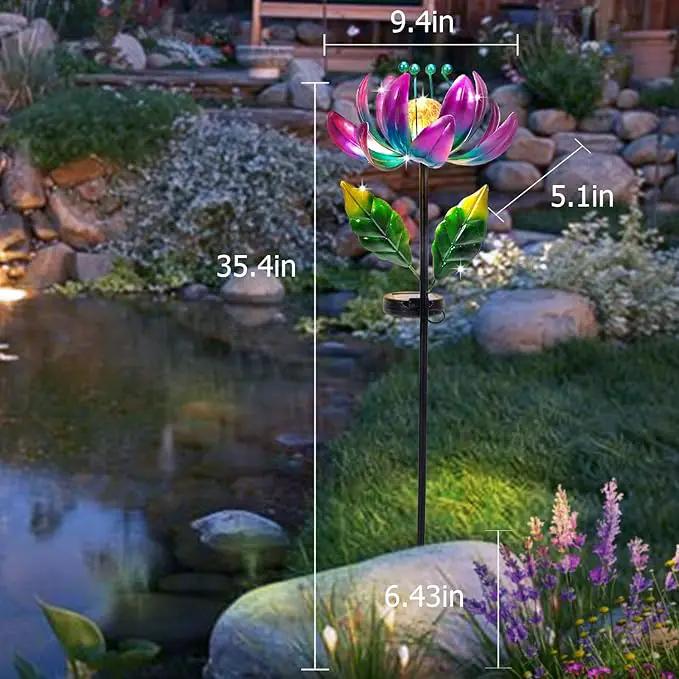 Huaxu Solar Outdoor Lights 35.4In Garden Decor Flower Wind Spinners,Waterproof LED Crackle Glass Globe Purple Lotus Art Metal Stake for Lawn Patio Pathway Yard Porch Driveway Decorations Gift by GreenHaven Gardens