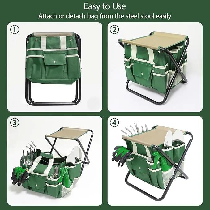 Garden Tool Set, 10 Piece Kit with Heavy Duty Folding Stool, Detachable Storage Tote Bag, Stainless Steel Tools, Gifts for Women Men Green by GreenHaven Gardens