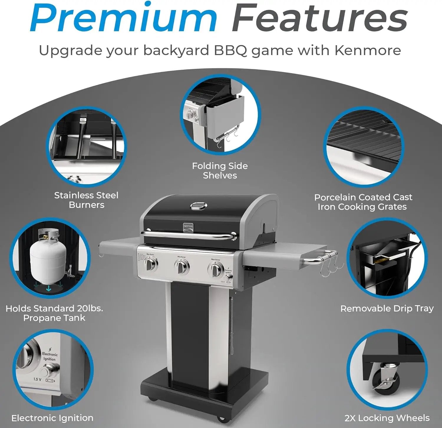 Kenmore 3-Burner Propane BBQ Grill, 30,000 BTUs Gas Grill with Cast Iron Cooking Grates, Folding Side Tables & Wheels, Outdoor Grill with Tool Hooks, Black by GreenHaven Gardens
