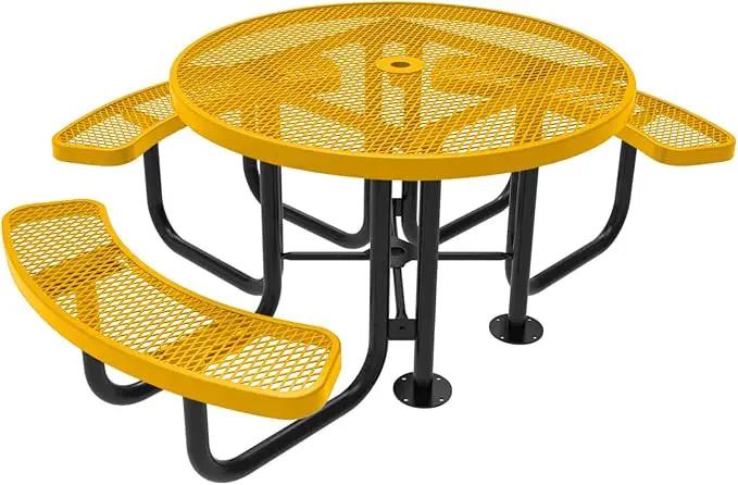 Heavy-Duty Portable Outdoor Picnic Table with Umbrella Hole, Expanded Metal Patio Dining Furniture Made in America (46" Round Top, Textured Yellow) by GreenHaven Gardens