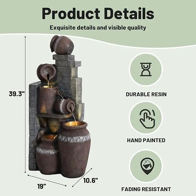 6-Tiers Garden Waterfall Fountain Outdoor - 40''H Water Fountains and Waterfalls, Large Outdoor/Indoor Floor Standing Resin Water Fountain with LED Light for Patio, Garden and Home (Grey) by GreenHaven Gardens
