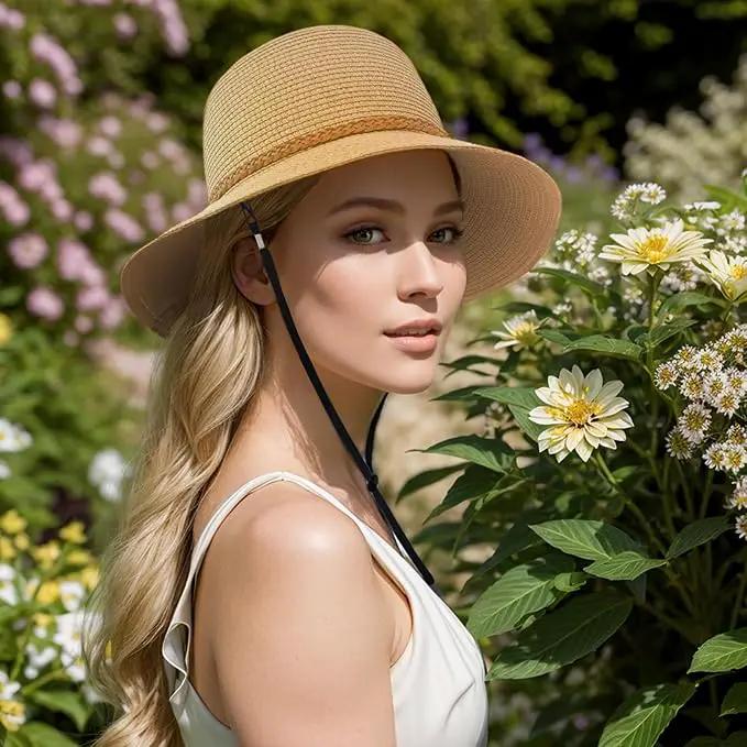 Beach Sun Straw Hats for Women, Summer Sun Protection Foldable Packable Wide Brim Hat by GreenHaven Gardens