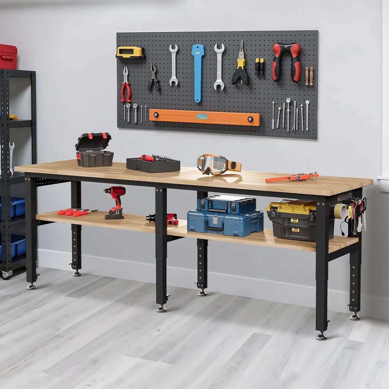 Albott 96" Adjustable 2-Tier Workbench with Solid Wood Top, Max 2000lbs Capacity, Built-in Power Strip with 4 AC Outlets & 2 USB Ports, Pegboard & 20 Hooks, Shop Garage Office by GreenHaven Gardens
