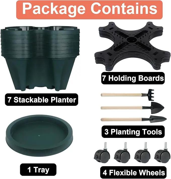 Vertical Planter 7 Tier Stackable Planters Garden Planters Strawberry Herb Flower and Vegetable Planter Indoor Outdoor Gardening Pots with Removable Wheels and Tools by GreenHaven Gardens