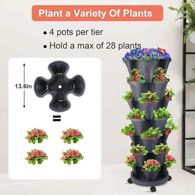 Vertical Planter, 7 Tier Stackable Strawberry Planter with Garden Tool Set, Movable Indoor/Outdoor Garden Herb Pot for Growing Vegetables and Succulents, Dark Gray by GreenHaven Gardens