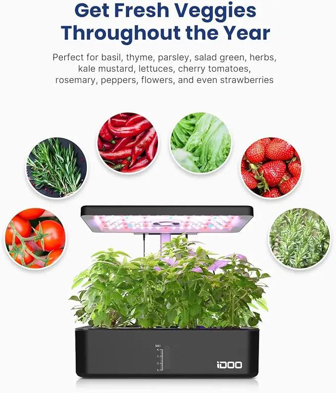 iDOO Hydroponics Growing System Kit 12Pods, Gardening Gifts for Women Mom, Indoor Herb Garden with LED Grow Light, Built-in Fan, Auto-Timer, Adjustable Height Up to 11.3", 12Pods-Black by GreenHaven Gardens