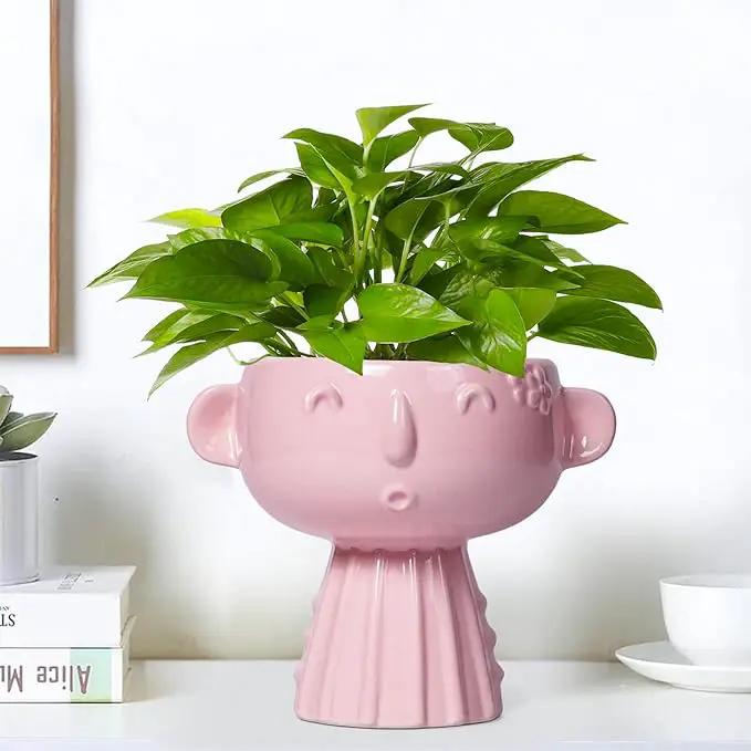 Face Pots for Plants - 7 Inch Ceramic Face Planters Pots Head for Indoor Outdoor, Small Funny Succulent Planters with Drainage Hole, House Room Apartment Decor, Gifts for Women, Bright Pink by GreenHaven Gardens