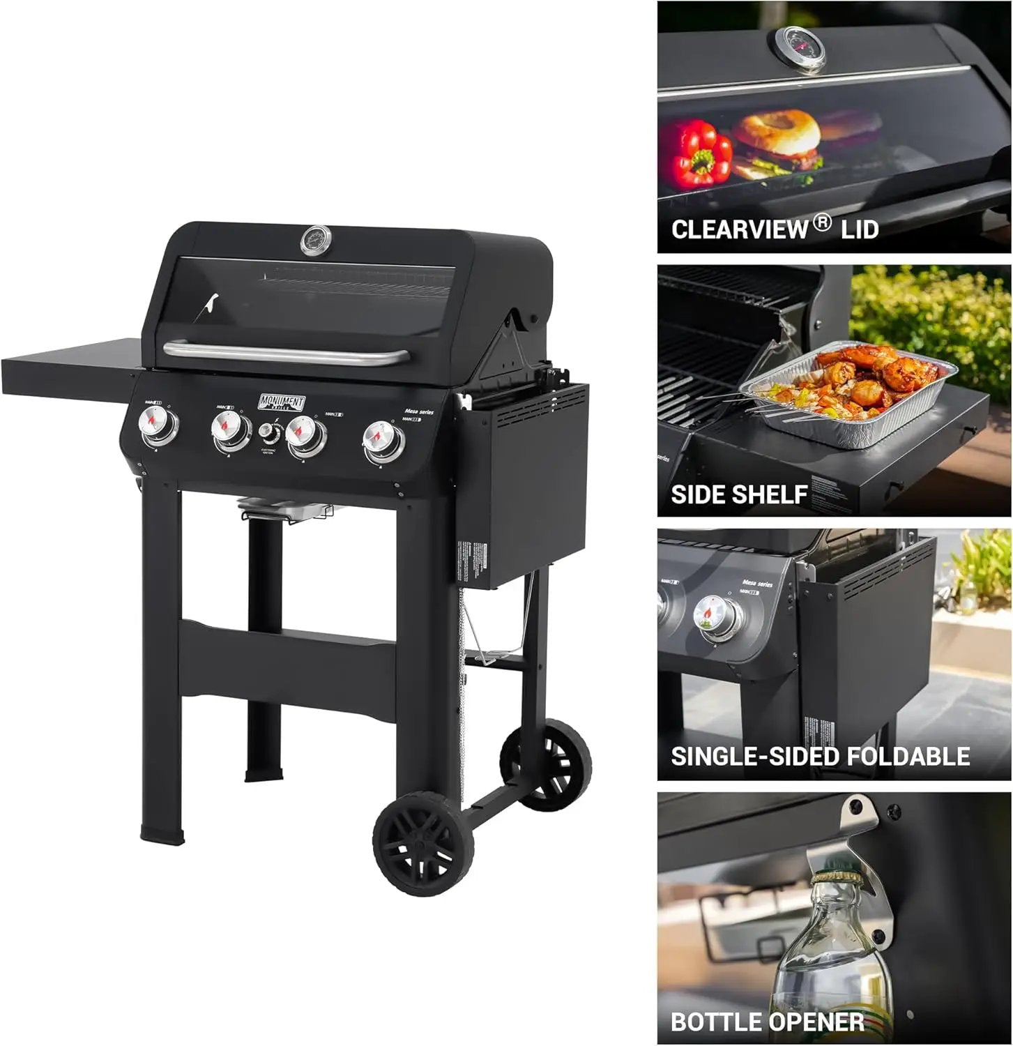 Monument Grills 4-Burner Liquid Propane Gas Grill, Matte Black Stainless Steel Burner Grill with Clearview® Lid, One Foldable Shelf for Outdoor Cooking Kitchen Patio Backyard, Mesa420MF with BBQ Cover by GreenHaven Gardens