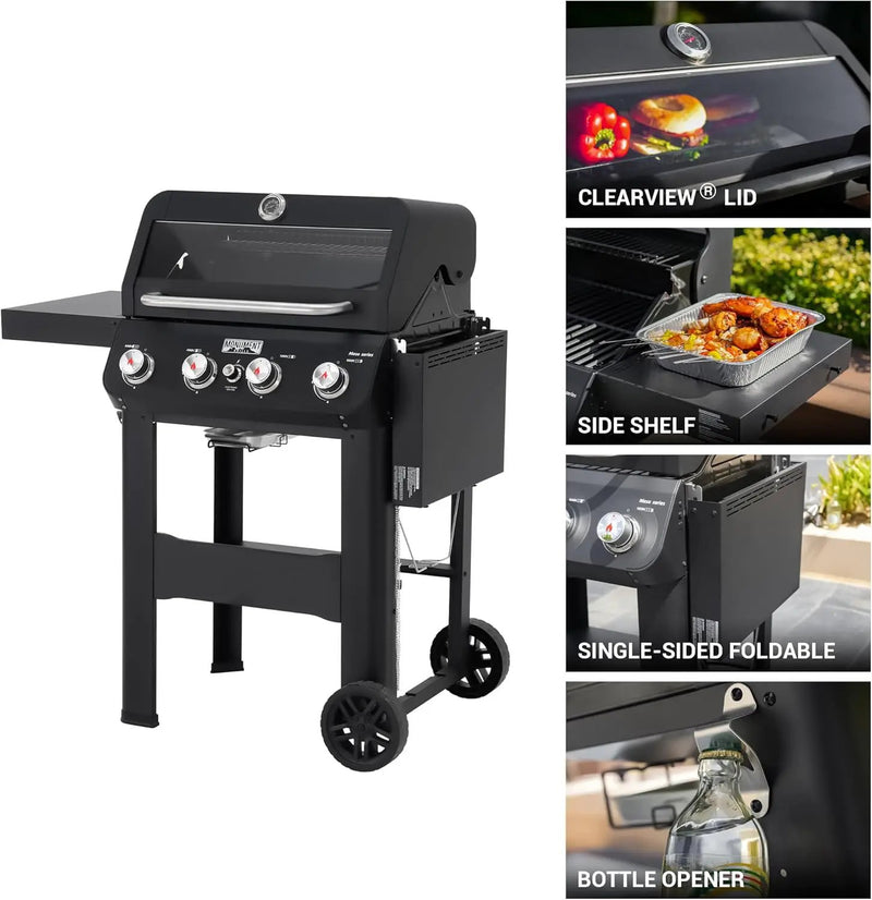 Monument Grills 4-Burner Liquid Propane Gas Grill, Matte Black Stainless Steel Burner Grill with Clearview® Lid, One Foldable Shelf for Outdoor Cooking Kitchen Patio Backyard, Mesa420MF with BBQ Cover by GreenHaven Gardens