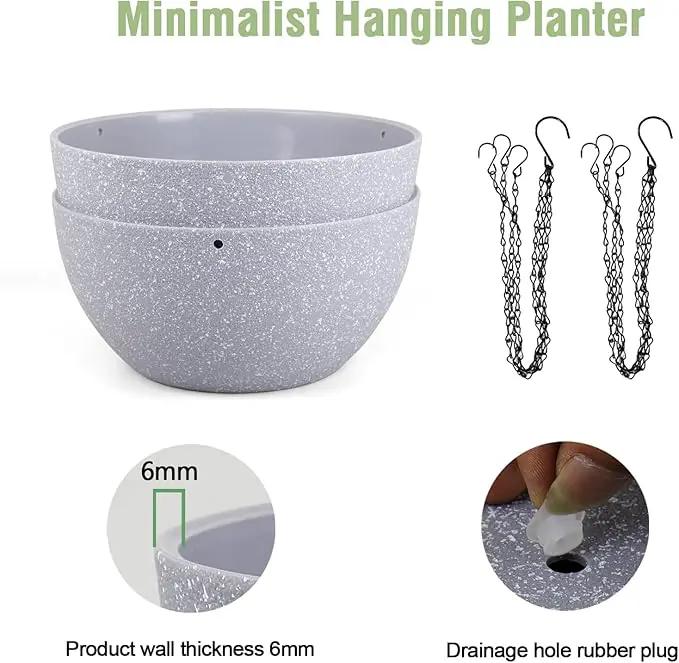 8 inch Small Hanging Planters for Indoor Outdoor Plants, 2 Pack Hanging Flower Pots with Drainage Holes and Chain for Garden Porch, Plastic Hanging Baskets for House Plants, Speckled Grey by GreenHaven Gardens
