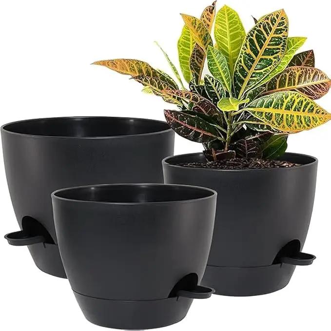 10/9/8 inch Self Watering Pots, Set of 3 Plastic Planters with Mesh Drainage Holes and Deep Reservoir for Indoor Outdoor Garden Plants and Flowers, Black by GreenHaven Gardens