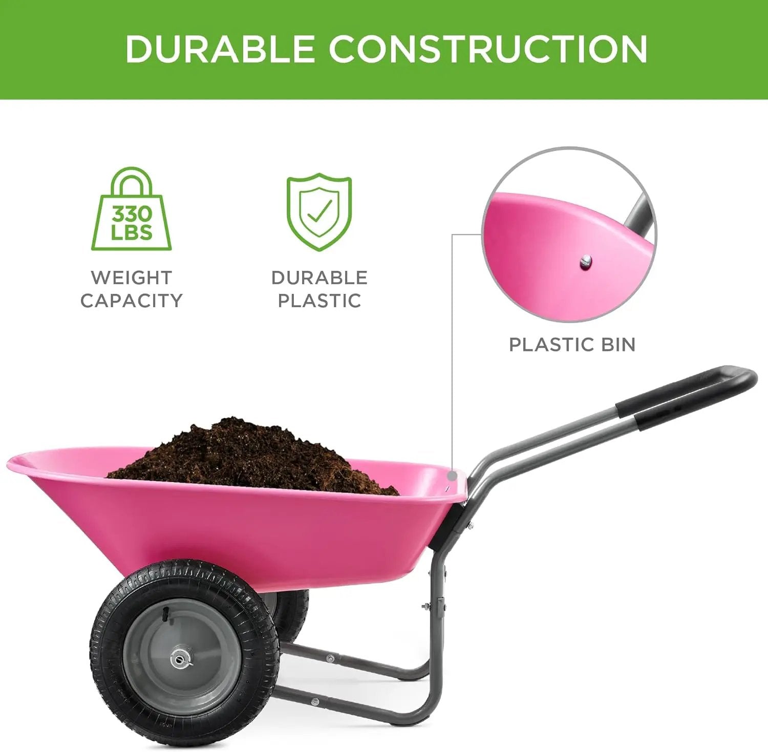 Best Choice Products Dual-Wheel Home Utility Yard Wheelbarrow Garden Cart w/Built-in Stand for Lawn, Gardening, Construction - Pink by GreenHaven Gardens