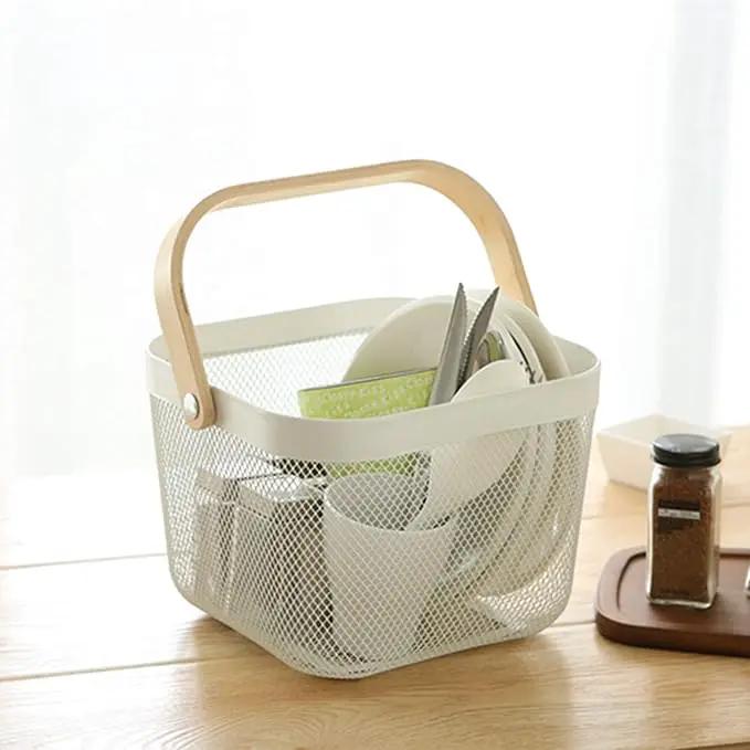 Metal Mesh Steel Basket, Storage Organizer Basket Multi-functional Hanging Kitchen Baskets Fruit Basket Bin with Bamboo Handle for Kitchen Bathroom Picnic Shopping Decor Cabinet Home, White by GreenHaven Gardens