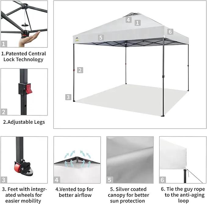 CROWN SHADES 10x10 Pop Up Canopy - Patented Center Lock One Push Instant Outdoor Canopy Beach Tent with STO-N-Go Bag 8 Stakes & 4 Sand Bags，White by GreenHaven Gardens