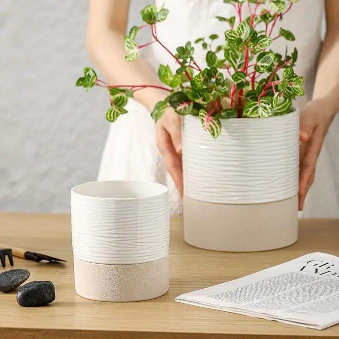 Nihow Self Watering Plant Pot for Indoor Plants: 4.5+6 Inch Ceramic Planter with Drainage Hole & Water Storage Plus - Cylinder Flower Pot with Wick for Herbs -White & Brown by GreenHaven Gardens