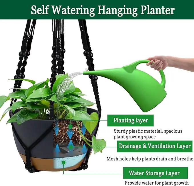 2 Pack Hanging Planters Set,10 Inch Indoor Outdoor Hanging Plant Pot Basket,Hanging Flower Pot with Drainage Hole with 3 Hooks for Garden Home… (Black Hanger Black Planters) by GreenHaven Gardens