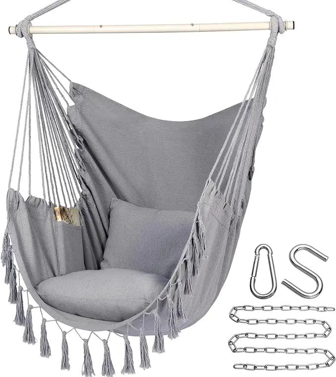 Y- STOP Hammock Chair Hanging Rope Swing, Max 500 Lbs, 2 Cushions Included, Large Macrame Hanging Chair with Pocket for Superior Comfort, with Hardware Kit (Light Grey) by GreenHaven Gardens
