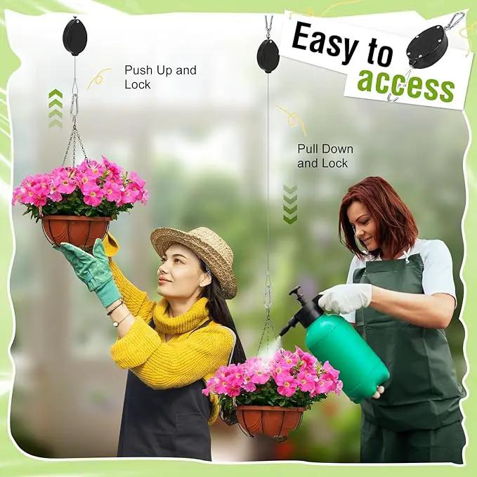 Plant Pulleys for Hanging Plants, Heavy Duty Retractable Hangers, 304 Stainless Steel Rope, Auto Plant Holder, Adjustable Climbing Hook for Garden Baskets Watering, or Bird Feeders (Black-4) by GreenHaven Gardens
