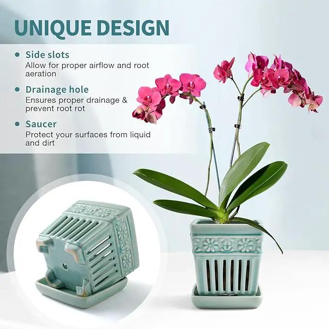 Orchid Pots with Holes | 5" Ceramic Orchid Planter with Separate Saucer and Drainage Holes | Crackle Glazed Pottery Small Flower Pot for Repotting Orchids（Blue） by GreenHaven Gardens