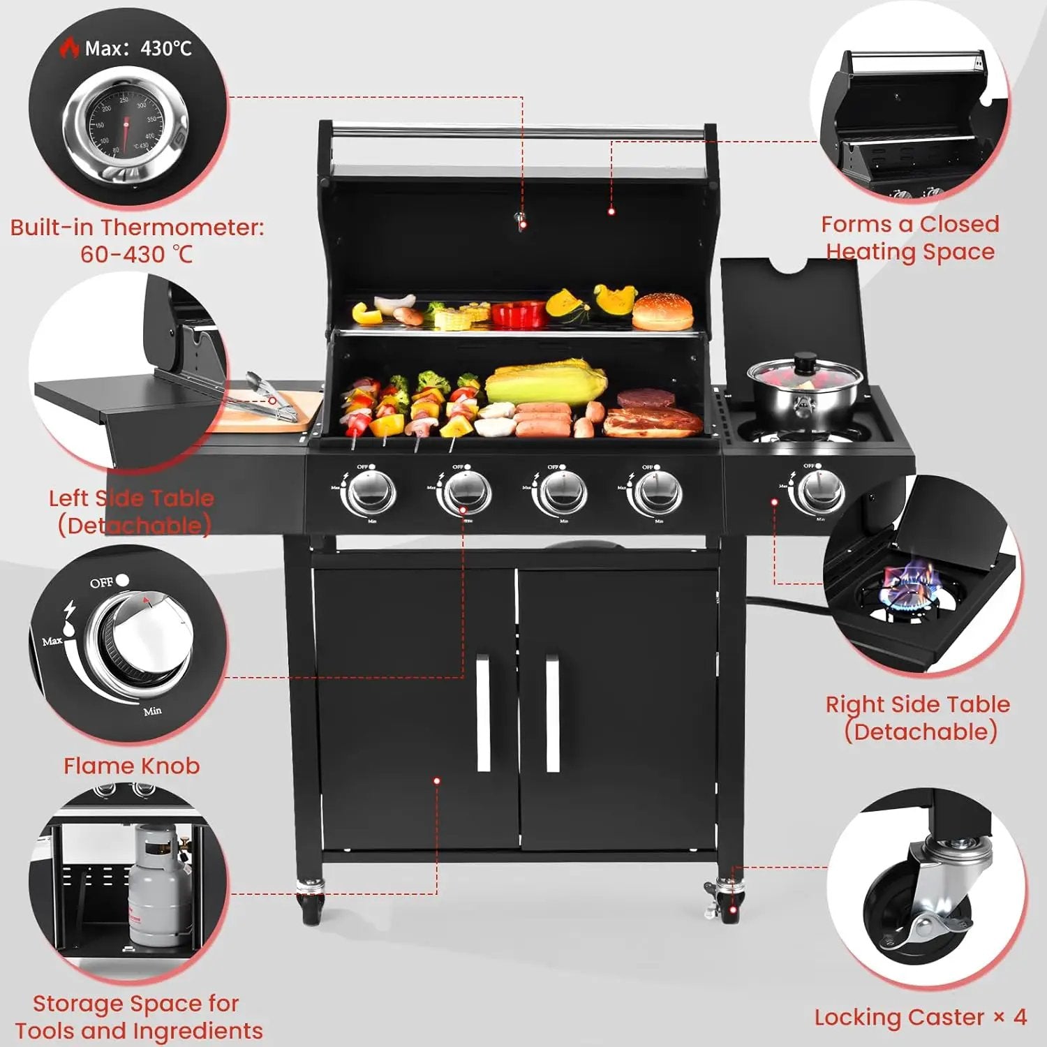 Q043-4-Burner w/Side Burner Gas Grill with 292 SQ.IN. Outdoor Grill with 44,000 BTU,Propane Grills with Top Cover Lid,Grills Outdoor Cooking for Patios,Camping,Balcony,Garden by GreenHaven Gardens