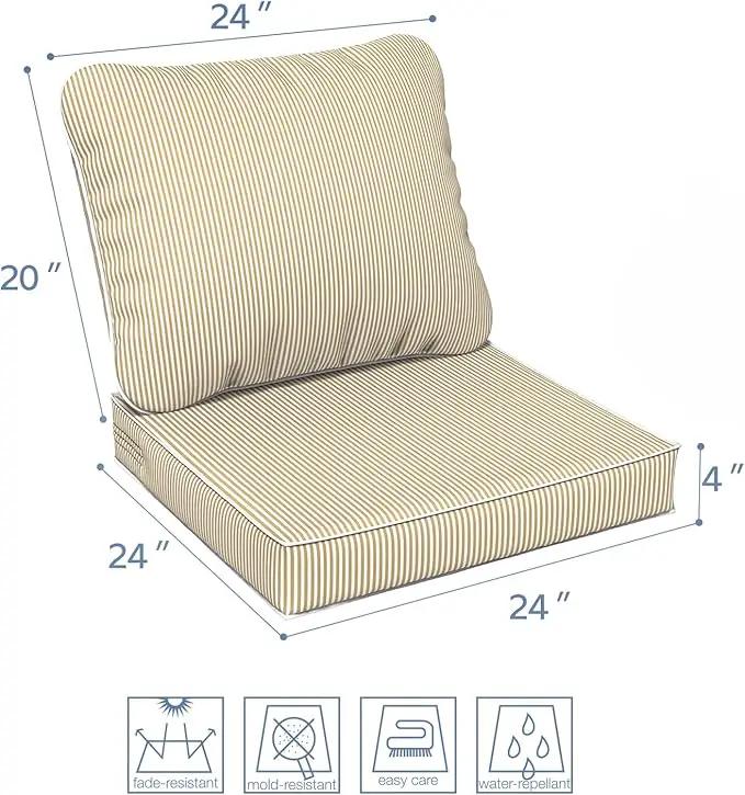 LVTXIII Outdoor Deep Seat Cushion Patio Seat and Back Cushion Set Seasonal Chair Cushion with Removable Cover and Adjustable Buckle for Home and Garden, 24"x24"x4", Strip Beige by GreenHaven Gardens