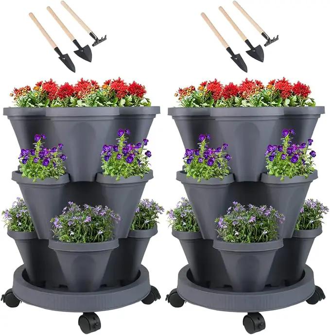 Vertical Planter 3 Tier Stackable Planters Garden Planters Strawberry Herb Flower and Vegetable Planter Indoor Outdoor Gardening Pots with Removable Wheels and Tools by GreenHaven Gardens