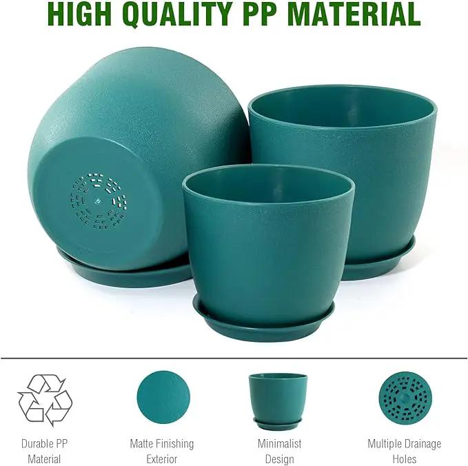 Flower Pots 10/9/8 inch, Set of 3 Modern Decorative Plastic Planters with Drainage Holes and Tray for House Plants Indoor Flowers Plants, Plant Pots for Indoor Outdoor Plants, Blue Green by GreenHaven Gardens