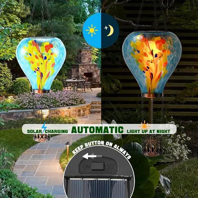 Hot Air Balloon Solar Lantern - Stained Glass Lantern with Simulated Flickering Flame, Outdoor Hanging Yard Light Waterproof IP65 & Weather Resistant for Garden Patio Lawn Porch Decor Gfit by GreenHaven Gardens