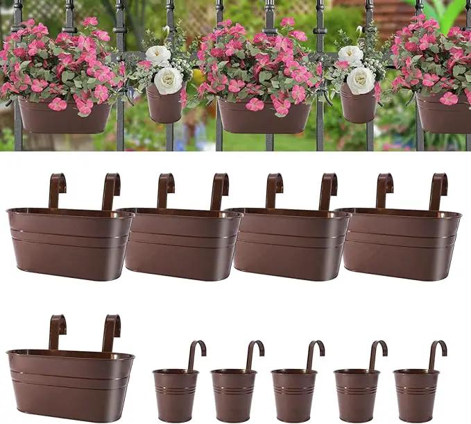 Metal Iron Flower Pots for Railing Fence Hanging Bucket Pots(5 Pcs) and Hanging Flower Pots Metal Iron Bucket Planter(10 Pcs) (Bronze) by GreenHaven Gardens