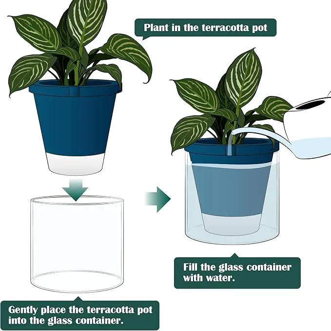 D'vine Dev 10 Inch Design Self Watering Planter for Indoor Plants, Blue Terracotta Pot with Cylinder Glass Cup, 37-X-D-4 by GreenHaven Gardens