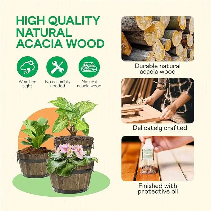 IDZO Set of 3 Wooden Flower Planters for Outdoor Plants, Acacia Wood Barrel Planters, Ergonomic Handles, Drainage Holes, Various Sizes, Walnut by GreenHaven Gardens