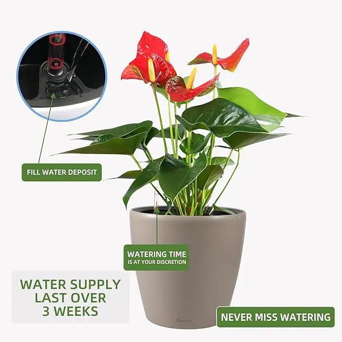 Dexceder 15x14 Self Watering Planter with Wheels Indoor Outdoor, Inner Pot Design, Thickened Large Floor Standing Flower Plant Pot with Water Level Indicator (Taupe Matte) by GreenHaven Gardens