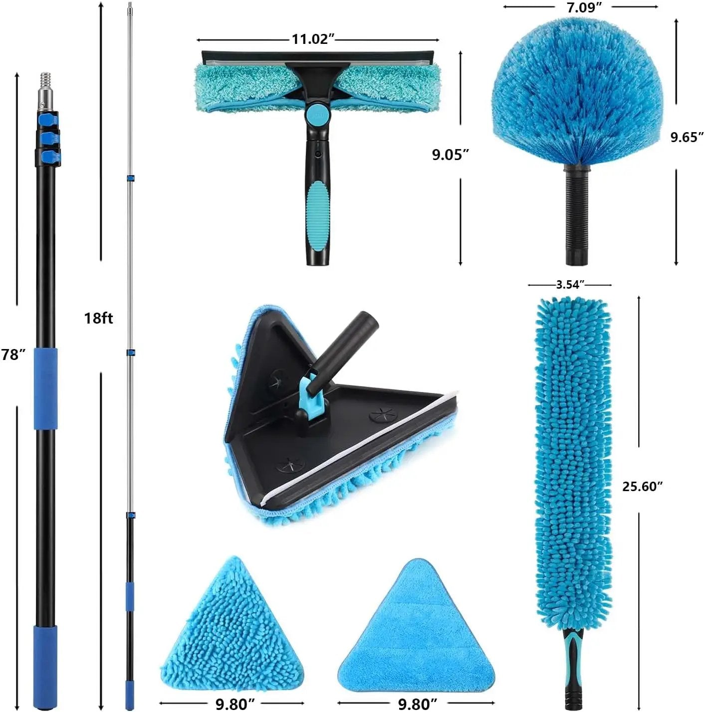 25 Feet High Ceilings Baseboard Wall Cleaner Mop with 18 Ft Extension Pole, Cobweb Duster, Window Cleaning Squeegee Kit (18ft) by GreenHaven Gardens