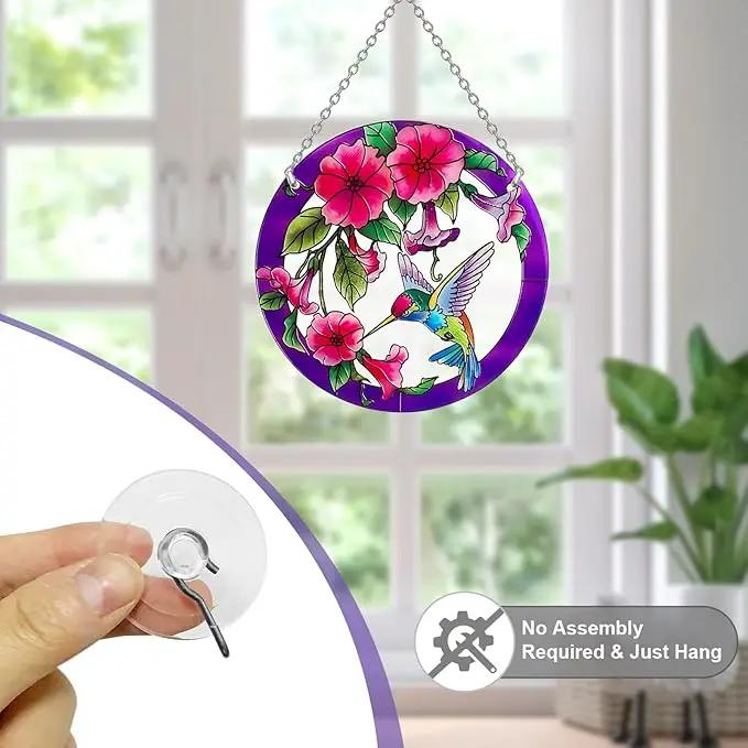 Larger Purple Stained Glass Window Hanging, Hummingbird Gifts for Women, Bird and Flowers Suncatcher, Hummingbird Gifts for Women, Bird and Flowers Suncatcher for Window, Hand Painted Glass by GreenHaven Gardens