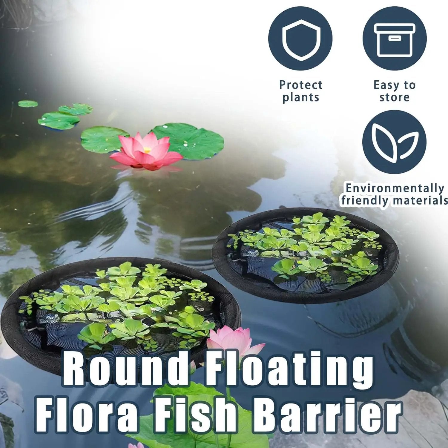2Pack Round Floating Flora Fish Barrier-31.5Inch Black Pond Plant Protector, Floating Island/Planter Pond,UV Resistant Net to Shield Floating Plant(Lotus/Water Lilies)from Koi, with Waterproof Gloves by GreenHaven Gardens