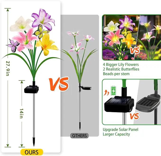 Solar Garden Lights 6 Pack 24 Lily Flowers with Butterfly Decor, Waterproof Solar Flower Lights for Outdoor - Upgraded Decorative Lilies for Yard, Patio, Pathway Decorations & Gardening Gifts by GreenHaven Gardens