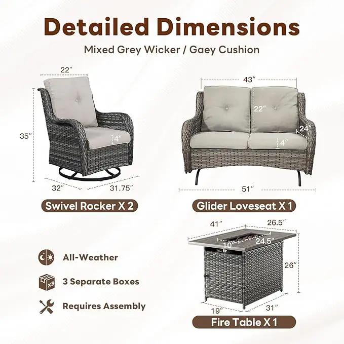 4 Piece Patio Furniture Set with Fire Pit Table - 41inch 50000 BTU Propane Fire Pit Table with High Back Loveseat Glider Chair and 2 Swivel Rocker Chair for Casual Gathering by GreenHaven Gardens