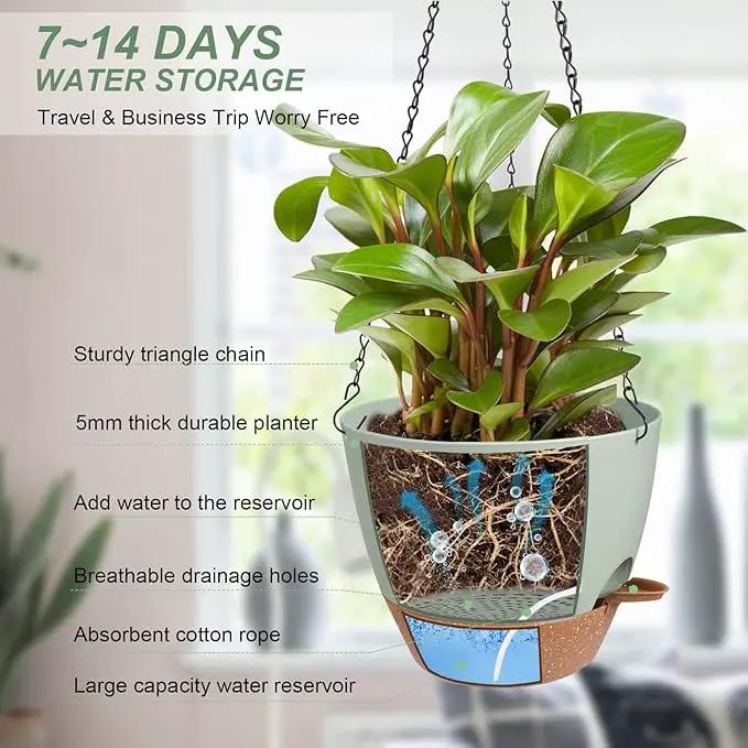 Hanging Planters for Indoor Outdoor Plants, 2 Pack Self Watering Hanging Pot with Drainage Holes & Removable Tray (Green, 8'') by GreenHaven Gardens