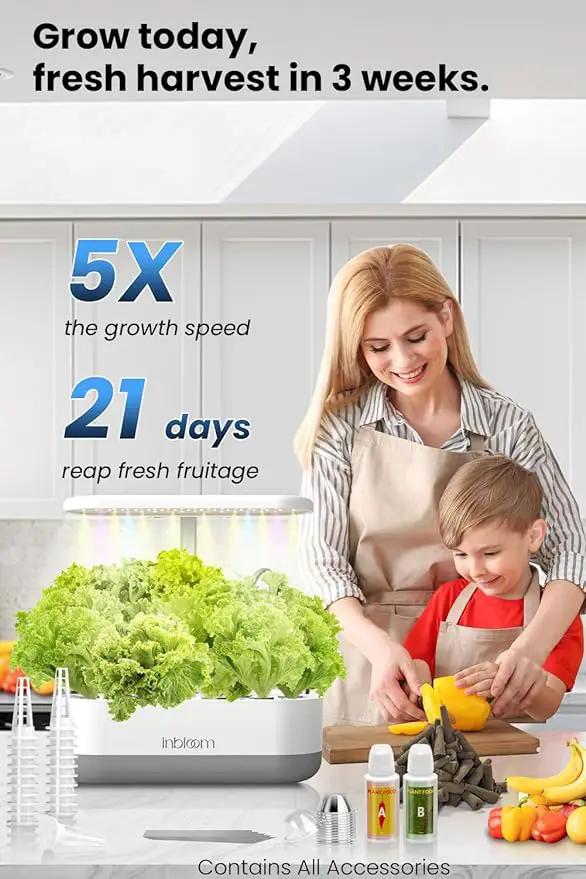inBloom 12 Pods Hydroponics Growing System Indoor Garden with LED Grow Light and Pod Kit, Plants Germination Kit with 4.2L Water Pump Accelerate, Height Adjustable, Gardening Gifts for Women, White by GreenHaven Gardens