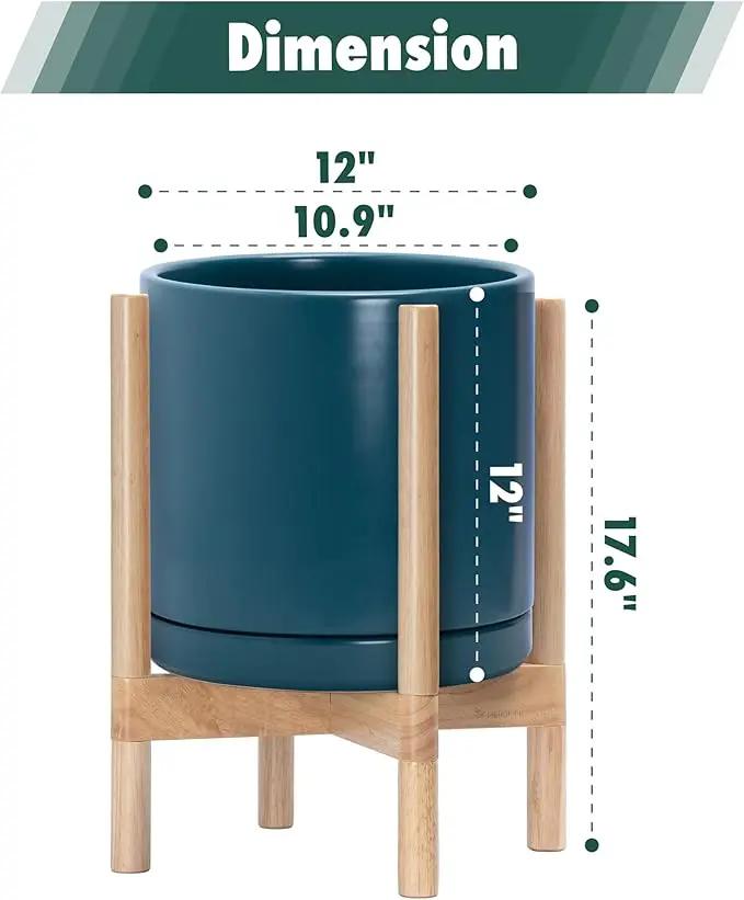 D'vine Dev Ceramic Planter with Natural Stand - 12 Inch Modern Round Flower Pot with Wood Planter Holder, Teal, 55-B-J-4 by GreenHaven Gardens