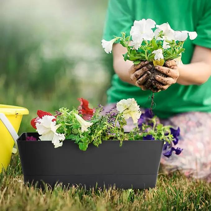 GREANER Black Rectangle Window Boxes, 3 Pack 12x3.8 Inch Herb Planters with Tray, Indoor Succulent Cactus Mint Plastic Pot for Windowsill, Garden Balcony, Office Outdoor Decoration by GreenHaven Gardens