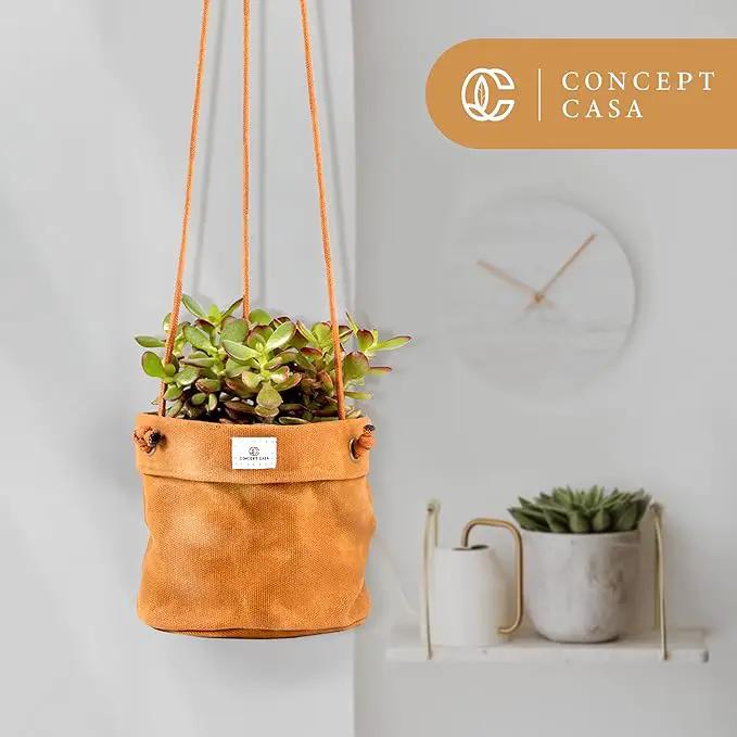 Waxed Canvas Handmade Hanging Planter for Indoor/Outdoor Plants, Hanging Basket Plant Holder Dijon Yellow by GreenHaven Gardens