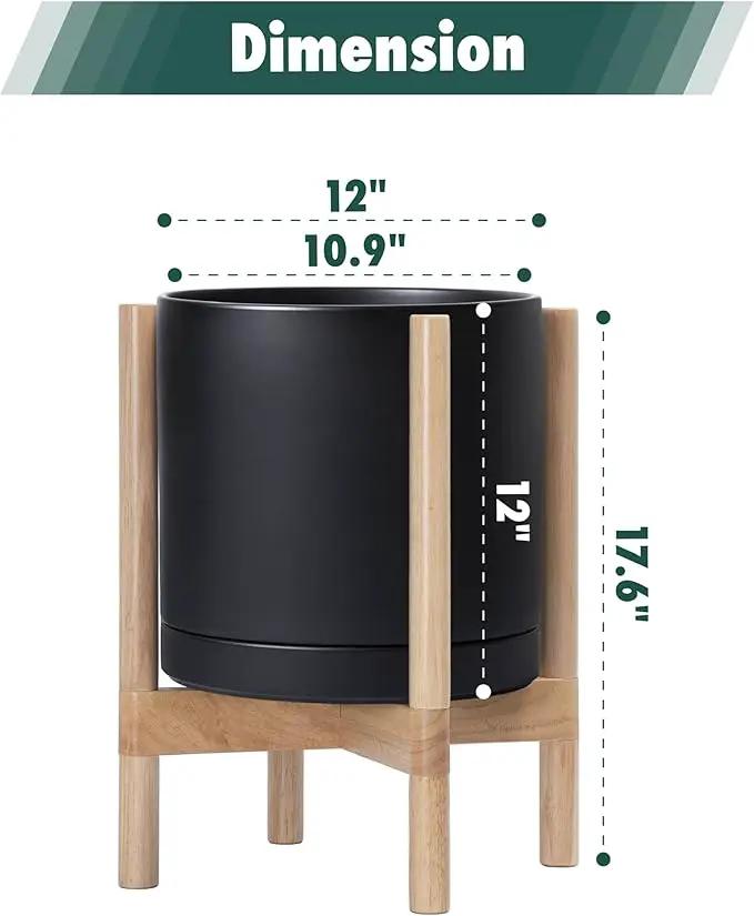 D'vine Dev Ceramic Planter with Natural Stand - 12 Inch Modern Round Flower Pot with Wood Planter Holder, Black, 55-B-J-2 by GreenHaven Gardens