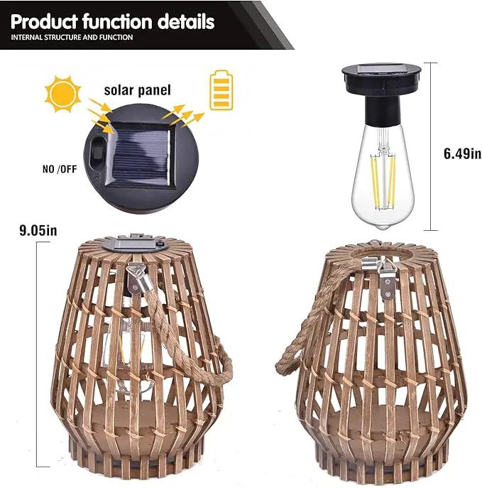 Hanging Solar Lantern Rattan Outdoor Lanterns for Patio Waterproof with Handle Large Bright Natural Bamboo Solar Table Lamp LED Lights Edison Bulb Design Decor for Wedding Yard Garden Farmhouse by GreenHaven Gardens