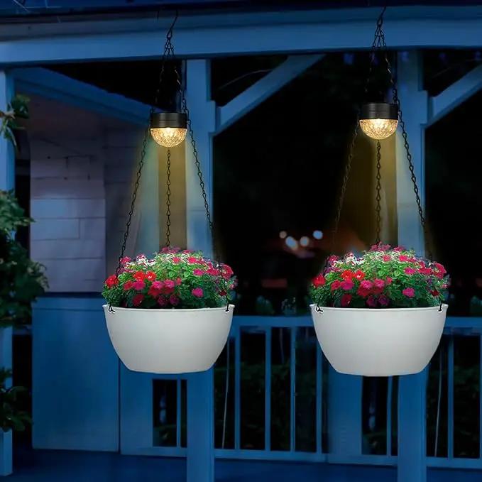2 Packs Hanging Planters Basket for Outdoor Plants, Solar Powered Self Watering White Round Plastic Flower Pots with Drainer for Balcony Patio Garden Outdoor Decoration by GreenHaven Gardens